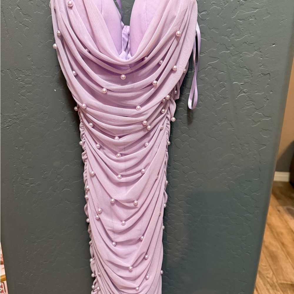 Elegant Lavender Pearl-Embellished Dress